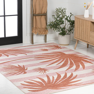 Veronica Classic Beach Stripe And Palm Leaf Indoor/Outdoor Area Rug